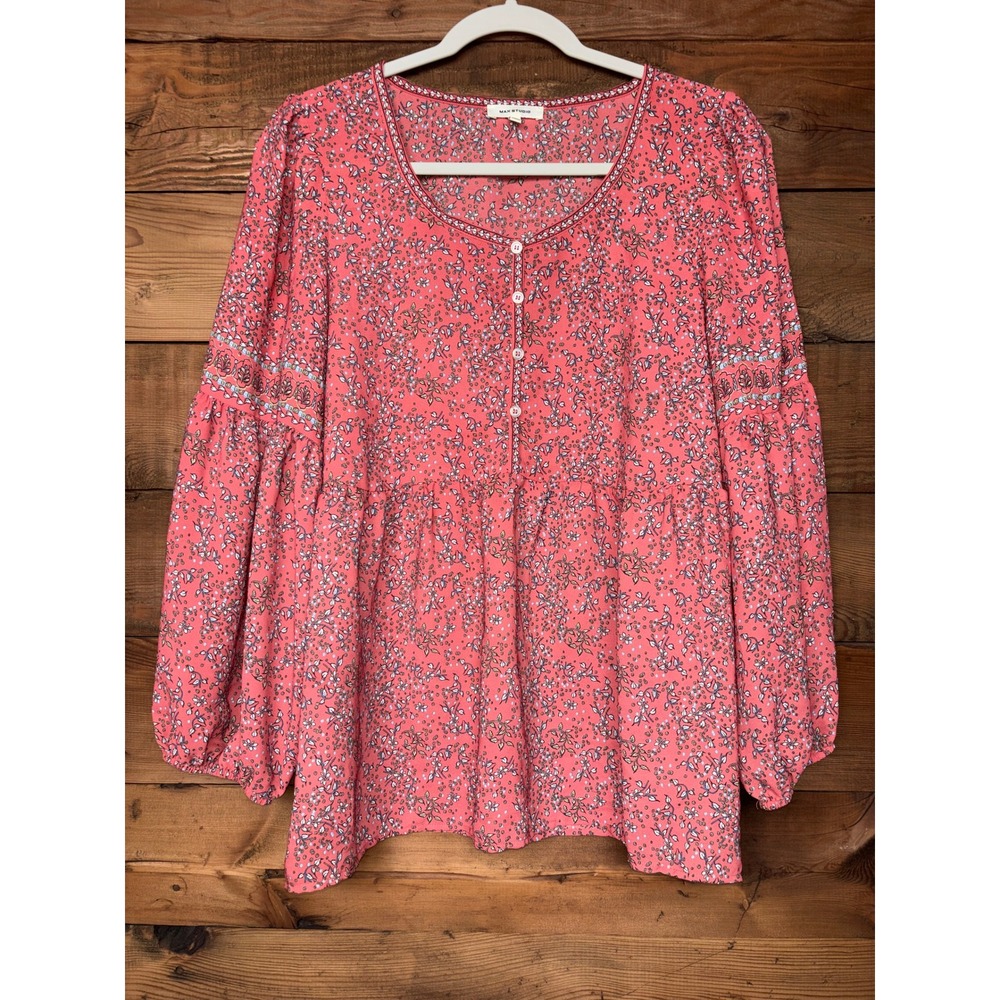 Max Studio Blouse Womens Large Floral Peplum Balloon Sleeve Henley Boho